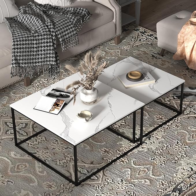 Nesting Coffee Table Set of 2,Outdoor Coffee Table,Industrial End Table Side Tables for Living Room Bedroom (White)