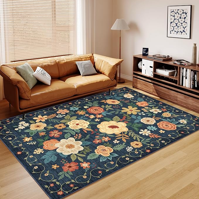 DUKINO 6x9 Area Rug, Floral Rugs for Living Room, Lightweight Non Slip Washable Rug, Indoor Low Pile & Non-Shedding Boho Design Rugs for Bedroom, Living Room, Dining Room, Dark Blue