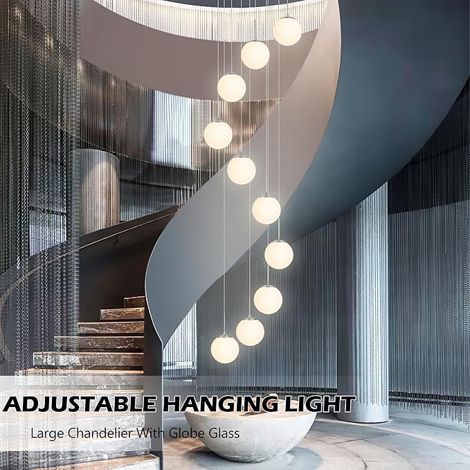 KoKo&Yukina 10 Light Globe Pendant Light Adjustable Hanging Light Staircase Chandelier Milk Glass Pendant Lights with Milky White Glass Shade Globe Lights for Staircase