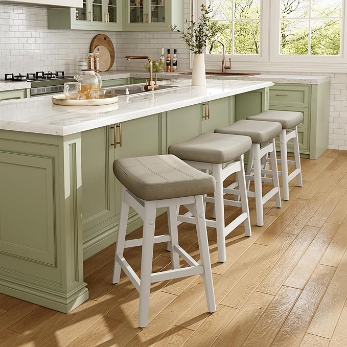 MAISON ARTS Beige Counter Height Bar Stools Set of 4 for Kitchen Counter Solid Wood Legs with Faux Leather Saddle Seat Farmhouse Barstools for 34"-38" Counter Island Upholstered Stools, 24in Height