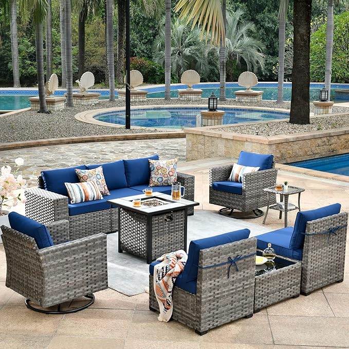 ovios 10 Pieces Patio Furniture Set, Outdoor Wicker Sectional Sofa with 30" Fire Pit Table Swivel Chairs, Modern Modular Deep Seat Rattan Couch Conversation Sets, Navy Blue