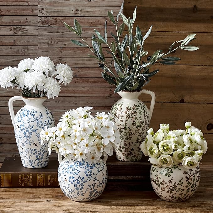 Green and Beige Antique Vase, 8.9 Inch Vintage Chinoiserie Floral Vase, Rustic Ceramic Vase for Home Decor, Living Room, Bookshelf, Office, Entryway, Garden, Chinoiserie Decor, Tuscan Decor