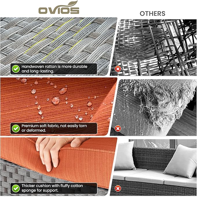 ovios 15 Pieces Patio Furniture Set, Outdoor Wicker Sectional Sofa with Swivel Chairs Coffee Table, Modern Modular Deep Seat Rattan Couch Conversation Sets, Orange Red