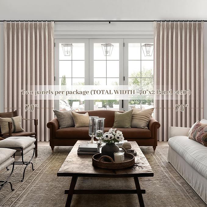 Extra Wide Thick Burlap Blackout Patio Door Curtains for Sliding Glass Door 2 Panels Set, Farmhouse Boho Pinch Pleated Flax Linen Blend Energy Efficient Bedroom Window Large Drapes (70"Wx84"L)