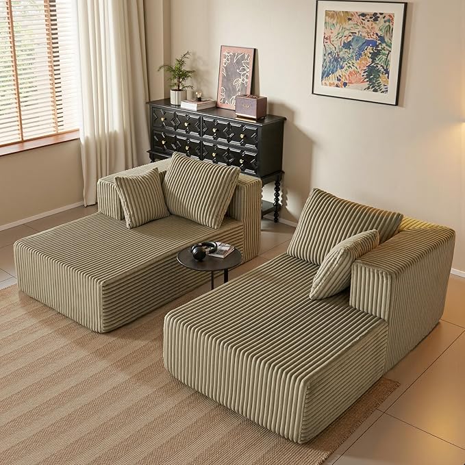 82" Oversized Chaise Lounge Chair, Corduroy Upholstered Sleeper Sofa with 4 Throw Pillows and Wide Armrest for Living Room, No Assembly Required Loveseat Couch, Foggy sage Green