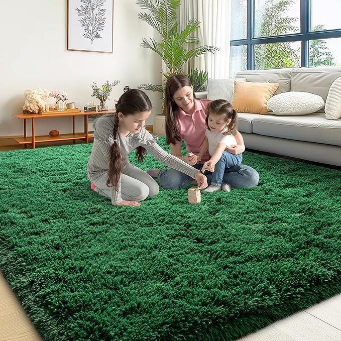 6x9 Area Rugs for Living Room, Green Fluffy Shaggy Rug Soft Carpets, Rugs for Bedroom Nursery Kids Room Dorm Home Decor Aesthetic, Dark Green