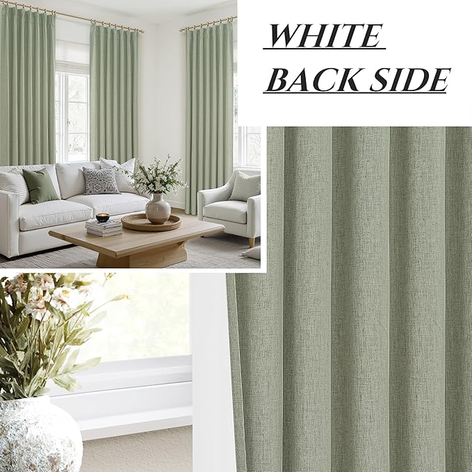 Sage Green Blackout Linen Curtains 84 Inches Long for Living Room Bedroom, Pinch Pleated Boho Light Drapes Viral Window Curtain with Pinch Pleat Clips Thermal Insulated (40"Wx84"Lx2Panels Sage)