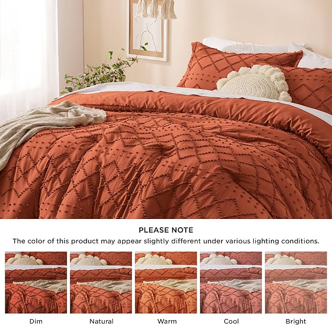 Bedsure Queen Comforter Set - Terracotta Comforter, Boho Tufted Shabby Chic Bedding for Kids, 3 Pieces Vintage Farmhouse Bed Set for All Seasons, Fluffy Soft Bedding with 2 Pillow Shams