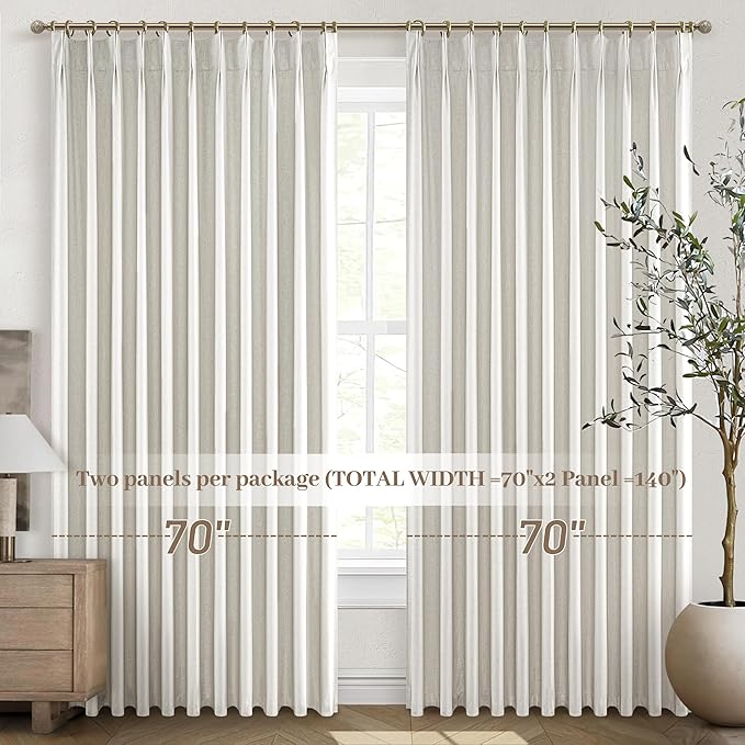 Curtains 70 Inches Wide Thick Linen Pleat Curtain 2 Panels Set for Sliding Glass Doors, Birch Neutral Pinch Pleated Blackout Bedroom Curtains with Hooks Rings & Ceiling to Floor Windows (70"Wx90"L)