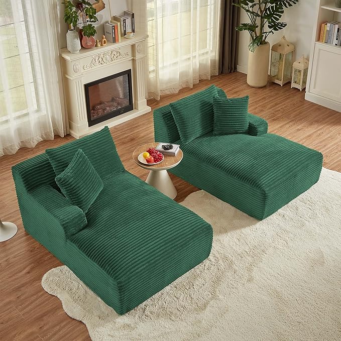 GNIXUU 78.8" Oversized Double Chaise Lounges Indoor, 2 Pieces Comfy Corduroy Chaise Lounge Chair Cloud Boneless Couch, Fluffy Upholstered Sleeper Loveseat Bed for Living Room Bedroom Reading(Green)