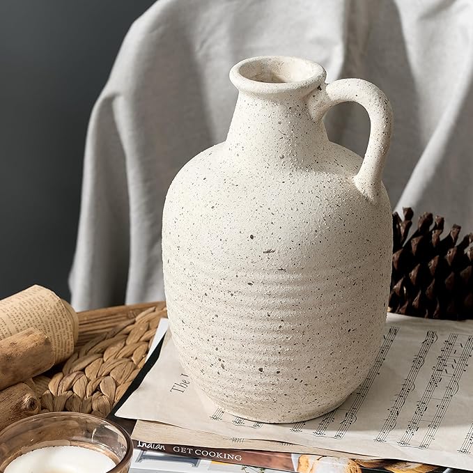 SIDUCAL Rustic Ceramic Farmhouse Flower Vase with 1 Handle-Height 8.43" Terracotta Vase, Unique Textured Pottery Flower Vases for Home Decor, Table, Wedding, Living Room, Shelf Decor, Speckled White