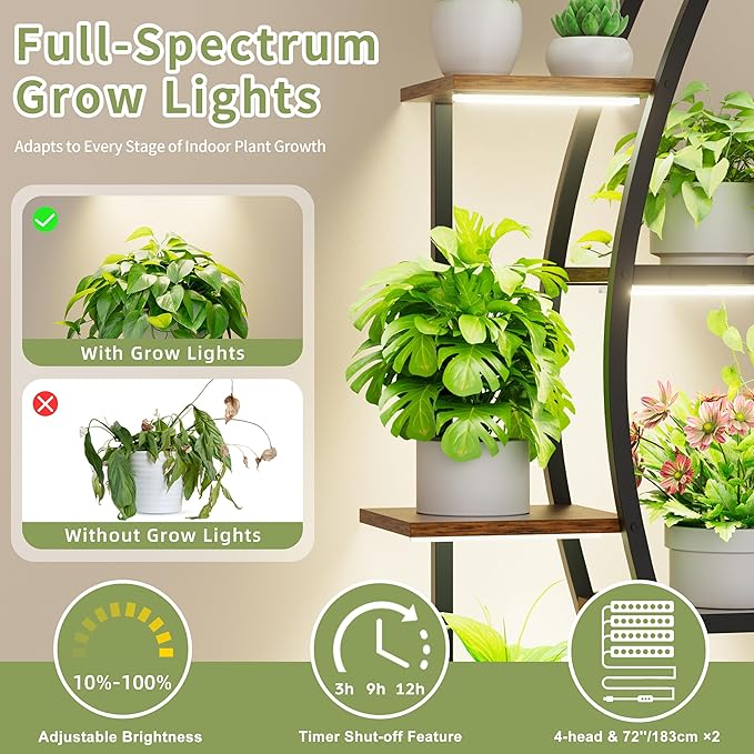 Tall Plant Stand Indoor with Grow Light, 62" 7 Tiered Plant Shelf Holder, Metal Large Corner Shelves Display Rack Flower Stand for Living room, Patio, 2 Pack