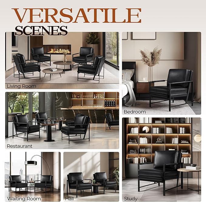 Yaheetech PU Leather Armchair, Retro Leisure Accent Chair with Extra Soft Padded and Cushion, Modern Reading Arm Chair with Black Metal Frame for Living Room/Office/Bedroom/Study Black