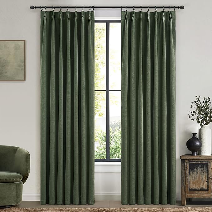 Dark Academia Decor Olive Green Textured Blackout Curtains Panels 108 Inches Lengh Large Window Extra Long Luxury Curtains for Living Room Flax Linen Drapes Pinch Pleated/Back Tab 9FT x2 Panels