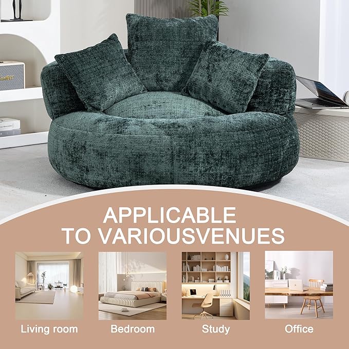 42'' Oversized Round Chair, Single Lounge Chaise Upholstered Sofa Bed with Deep Seat, Chenille Bean Bag Chiar with Pillows for Living Room, Bedroom, Apartment, Reading, No Assembly (Green)