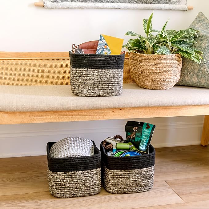 NaturalCozy Storage Cubes 9”x9”x7”Cotton Rope Woven Baskets for Organizing 3-Pack | 9 Inch Cube Storage Bin | Small Basket for Shelf Nursery, Pantry, Decorative Plant, Bathroom Closet, Toy Gift