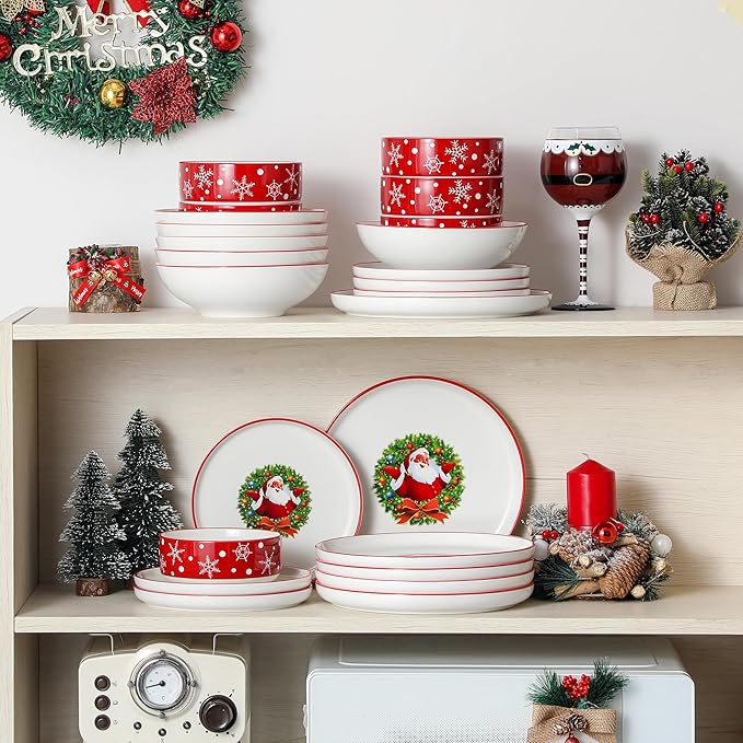 MALACASA Plates and Bowls Sets, 24 Pieces Christmas Porcelain Dinnerware Set for 8, Ceramic Dishware Dishes White Kitchen Dinner Dining Ware Set, Microwave and Dishwasher Safe, Series LUNA-Santa Claus