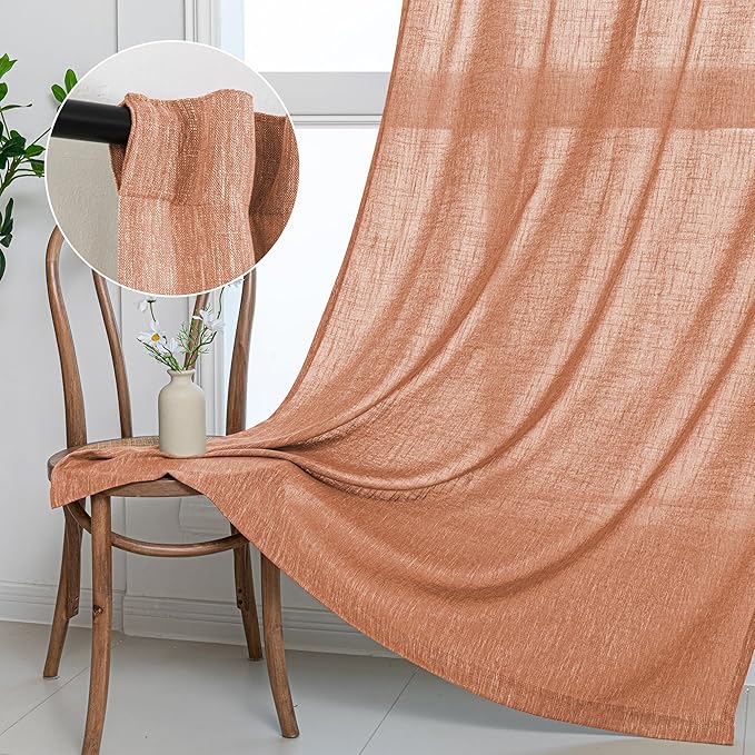 MYSKY HOME Floor Length Burnt Orange Curtains 95 Inch Long Panels, Boho Curtains Farmhouse for Living Room Sliding Glass Door, Rod Pocket Linen Look Texture Light Filtering, 50" x 95", Orange, Pack-2