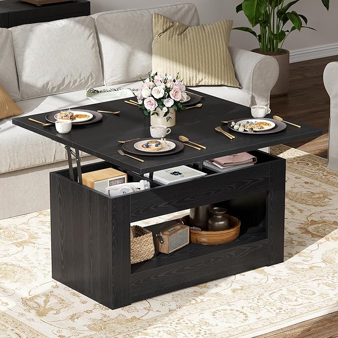 40" Lift Top Coffee Table, 4 in 1 Multi-Function Lift Coffee Tables with Storage and Hidden Compartment, Convertible Coffee Table to Dining Table for Living Room, Black