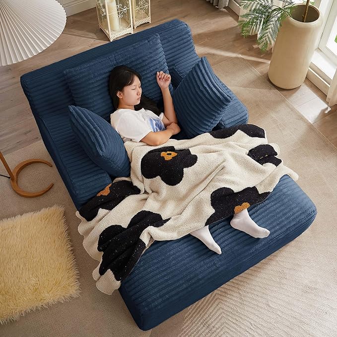 GNIXUU Oversized Chaise Lounge Chair Indoor, Comfy Fluffy Lounge Sofa Upholstered Sleeper Sofa Couch with Throw Pillows and Armrests, Corduroy Plush Cloud Chair for Living Room, Blue