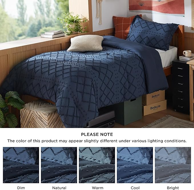 Bedsure Twin Comforter Set - Navy Blue Comforter, Boho Tufted Shabby Chic Bedding for Kids, 2 Pieces Vintage Farmhouse Bed Set for All Seasons, Fluffy Soft Bedding with 1 Pillow Sham