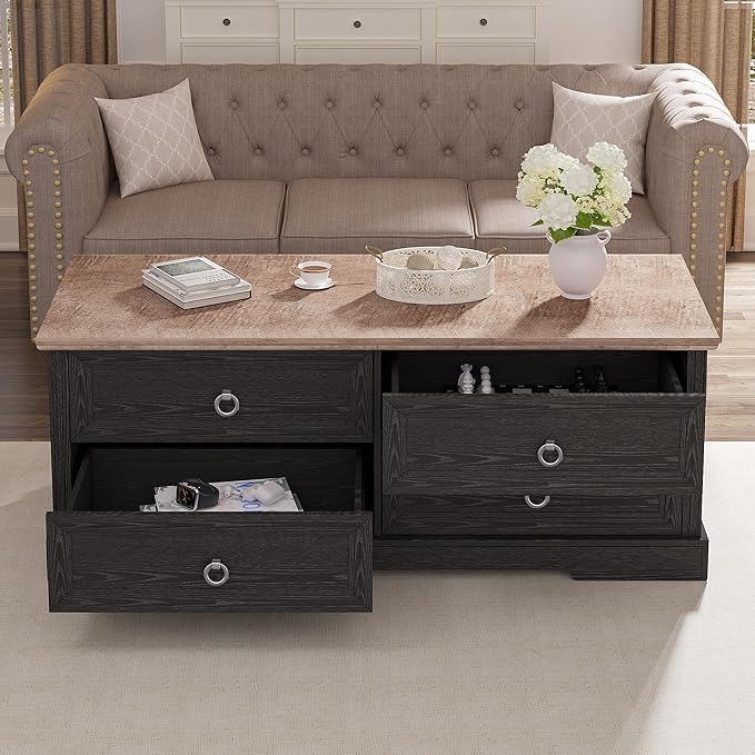 Coffee Table with Storage, 47.2 in Rustic Wooden Center Table with 4 Drawers for Living Room, Easy Assembly Rectangle Home Office Farmhouse Tea Accent Table for Apartment, Oak Black