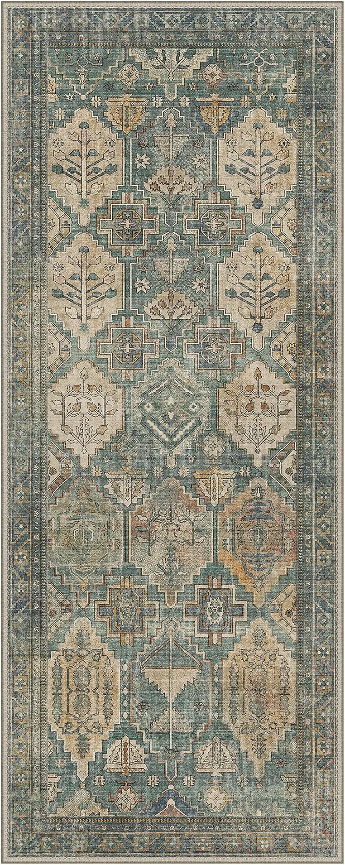 GENIMO 2x5 Runner Rugs for Hallway, Machine Washable Non Slip Vintage Rugs, Low Pile Lightweight Soft Print Rug for enrtyway, Corridor, Home Office, Kitchen, Sage Teal