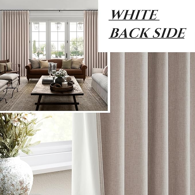 Pinch Pleated Flax Linen Blackout Extra Wide Curtain Panels for Living Room/Sliding Glass Door, Thick Burlap Memory Trained Window Drapes Insulated with Back Tab Dining Room (70"Wx102"Lx2 Panels)