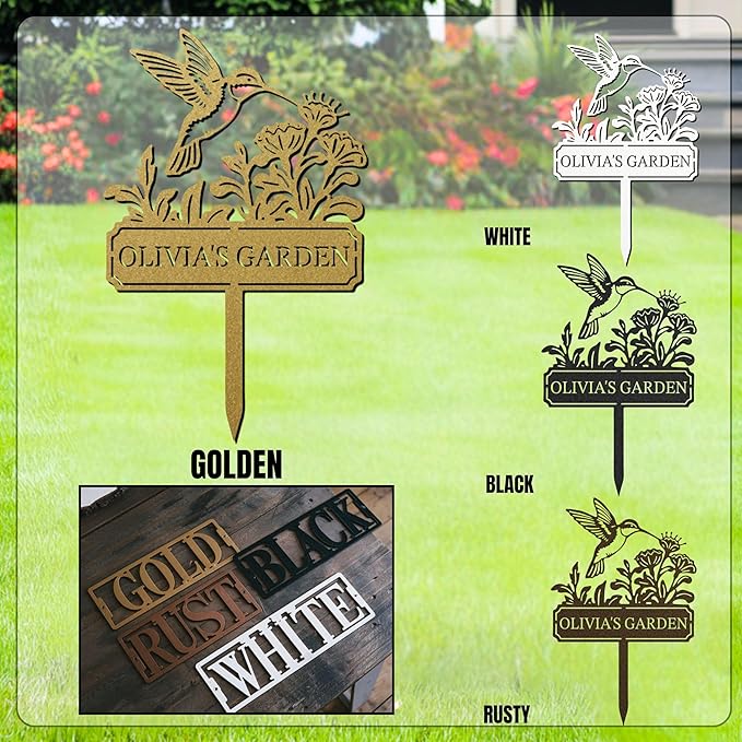 Personalized Garden Metal Sign, Custom Garden Stake, Hummingbird Yard Stake, Customized Name Sign for Outdoor, Outdoor Gardening Decor Gifts for Gardeners