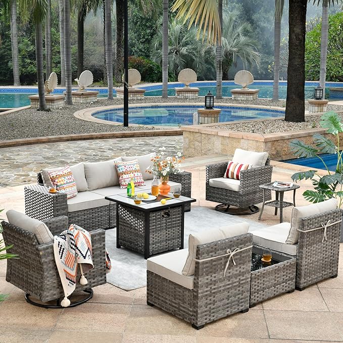 ovios 10 Pieces Patio Furniture Set, Outdoor Wicker Sectional Sofa with 30" Fire Pit Table Swivel Chairs, Modern Modular Deep Seat Rattan Couch Conversation Sets, Beige