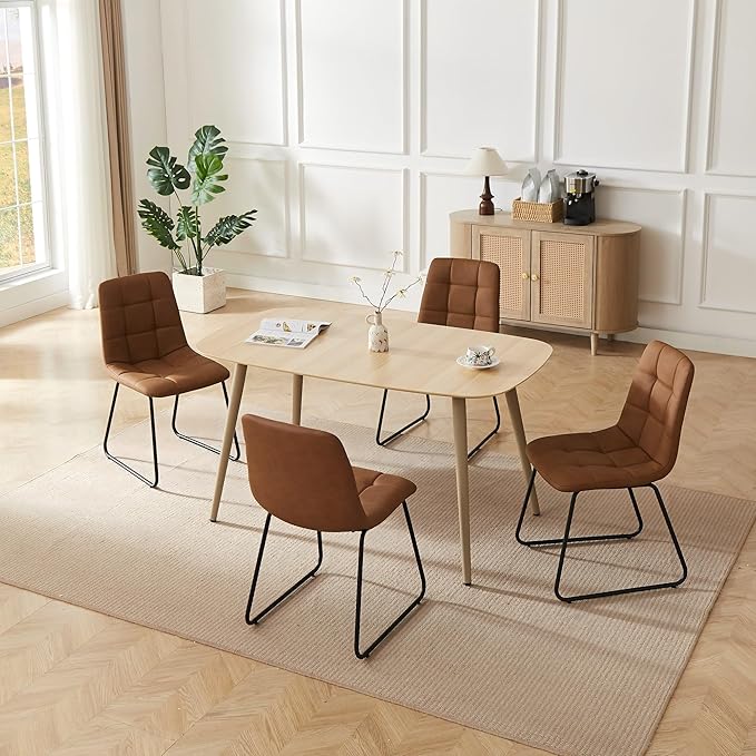 Modern 4-Piece Dining Table Set for 4 | 55-Inch Wood Kitchen Table & 4 Brown Leather Chairs | Space-Saving Dining Set for Small Spaces, Breakfast Nook, Dining Room