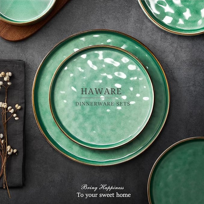 HaWare Dinnerware Sets, 6-Piece Plates and Bowls Set, Stoneware Dish Set for 2, Ceramic Dinnerware for Home Restaurant, Chip and Scratch Resistant, Microwave and Dishwasher Safe, Reactive Green