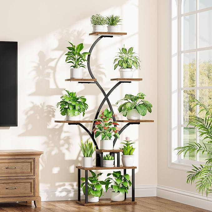 CODACE Plant Stand Indoor with Grow Lights - 62" Tall Plant Shelf Indoor, Lighted Corner Plant Stands for Indoor Plants, 8 Tiered Flower Spike-Shaped Rack for Living Room, Patio, Balcony Decor(Black