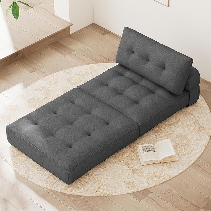KINGYES Folding Sofa Bed, Convertible Sleeper Chair with Pillow, Foldable Single Futon Chair Floor Sofa Lounge for Living Room, Grey