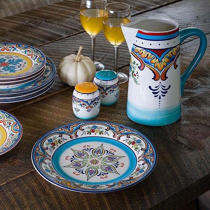Euro Ceramica Zanzibar Collection Vibrant 9.4" Decorative Ceramic Pitcher, 2.5LT, Spanish Floral Design, Multicolor