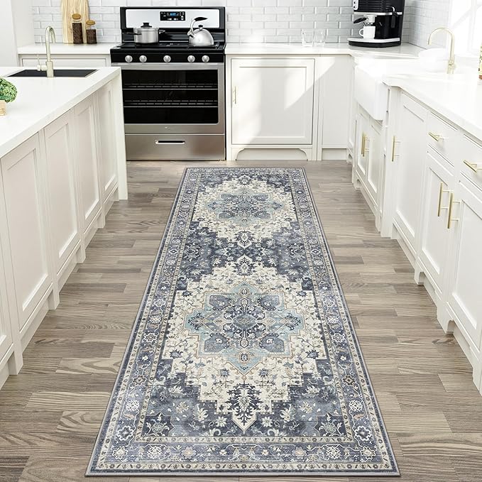 GENIMO 2x6 Runner Rugs for Hallway, Machine Washable Non Slip Vintage Rugs, Low Pile Lightweight Soft Print Rug for enrtyway, Corridor, Home Office, Kitchen, Center Blue