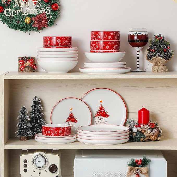 MALACASA Plates and Bowls Sets, 24 Pieces Christmas Porcelain Dinnerware Set for 8, Ceramic Dishware Dishes Kitchen Dining Ware Set, Microwave and Dishwasher Safe, Series LUNA-Christmas Tree