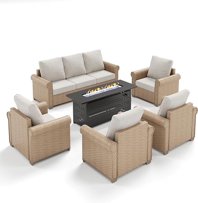 Patio Furniture Set 6 pcs, Wicker Outdoor Patio Furniture, 3-Seat Sofa, 4 Single Chairs and 56" Gas Fire Pit Table, Rattan Patio Conversation Set for Backyard Deck, Beige
