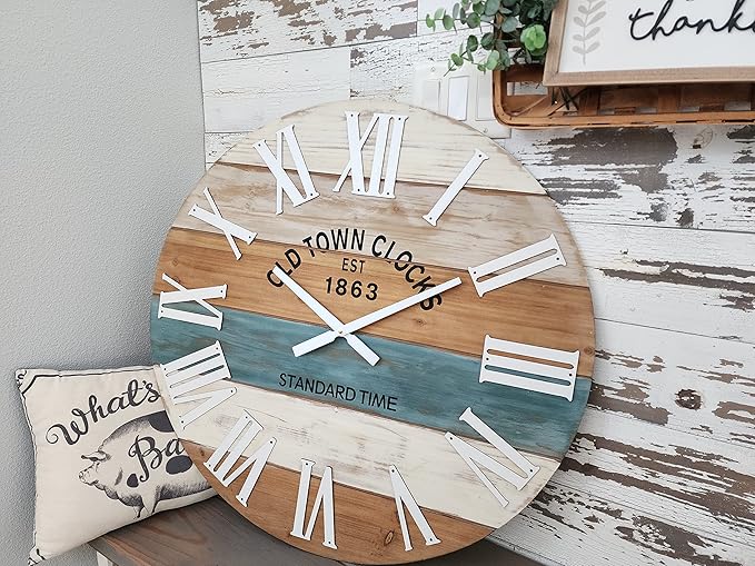 18" Wooden Multi-Color Maritime Coastal Beach Large Roman Wall Clock (Blue, 18 inch)