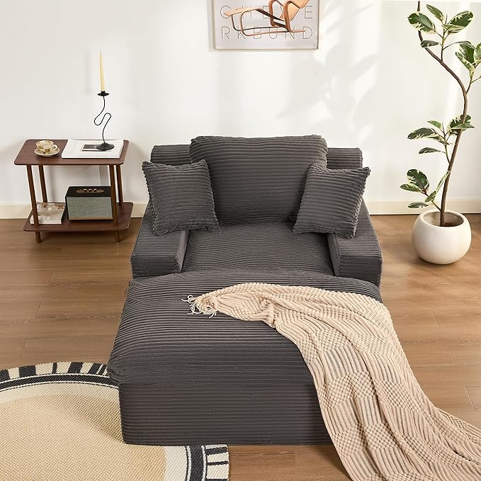 63" Oversized Chaise Lounge Chair Indoor, Extra Cloud Layer, Convertible Sleeper Sofa Couch with Removable Pillows & Side Pockets, Corduroy Upholstered Sofa Bed with Armrests for Living Room, Grey