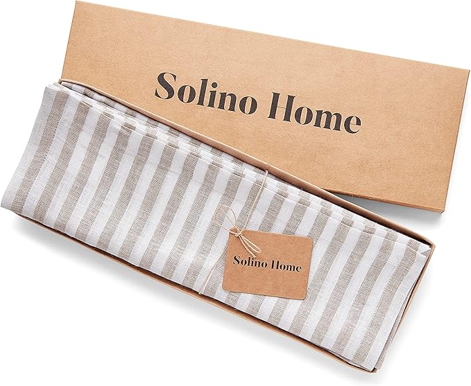 Solino Home Linen Placemats Set of 4 - Amalfi Stripe Natural and White Placemats 14 x 19 Inch - 100% Pure Linen Place Mats for Fall, Autumn, Thanksgiving, Christmas, Holiday
