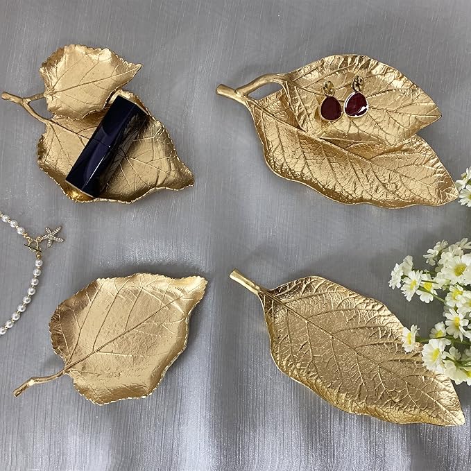 Jewelry Dish, Metal Trinket Dish Leaf Shaped Ring Holder Jewelry Organizer Vanity Dish Tray for Dresser Christmas Birthday Wedding Gifts Double Mango Leaves