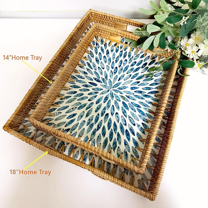 i-lan 18inch Rectangle Rattan Woven and Blue Mother of Pearl Dining Room Table Serving Tray Display Basket with Cutout Handles,Living Room Boho Wicker and MOP Coffee Table Serving Tray Décor