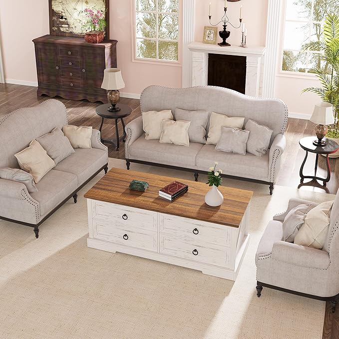 Coffee Table with Storage, 47.2 in Farmhouse Wooden Center Table with 4 Drawers for Living Room, Antique White Walnut, Easy Assembly Rectangle Home Office Tea Accent Table for Apartment