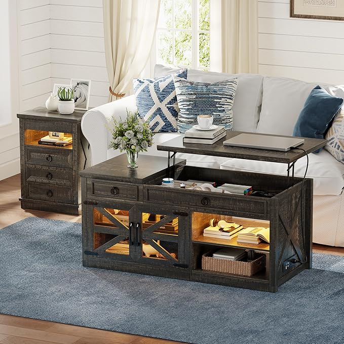 Lvifur 48" W Farmhouse Lift Top Coffee Table with LED Lights & Charging Station, Living Room Center Table with 2 Hidden Storage Compartments, Lifting Tabletop and Adjustable Shelf (Dark Rustic Oak)