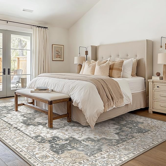 GENIMO 8x10 Area Rugs for Living Room, Machine Washable Non Slip Vintage Rugs, Low Pile Lightweight Chenille Print Rug for Bedroom, Dining Room, Home Office, Heathered Grey