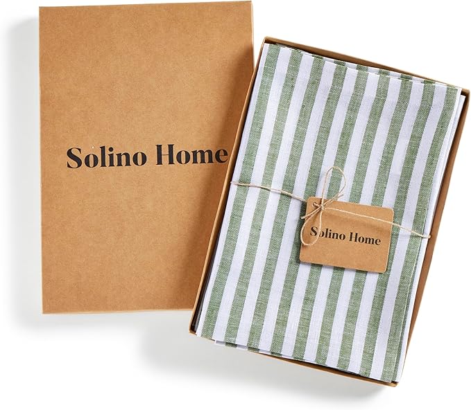 Solino Home Linen Cloth Napkins Set of 4-100% Pure Linen Green and White Striped Dinner Napkins 20 x 20 Inch for Fall, Autumn, Christmas - Amalfi Stripe, Handcrafted and Machine Washable