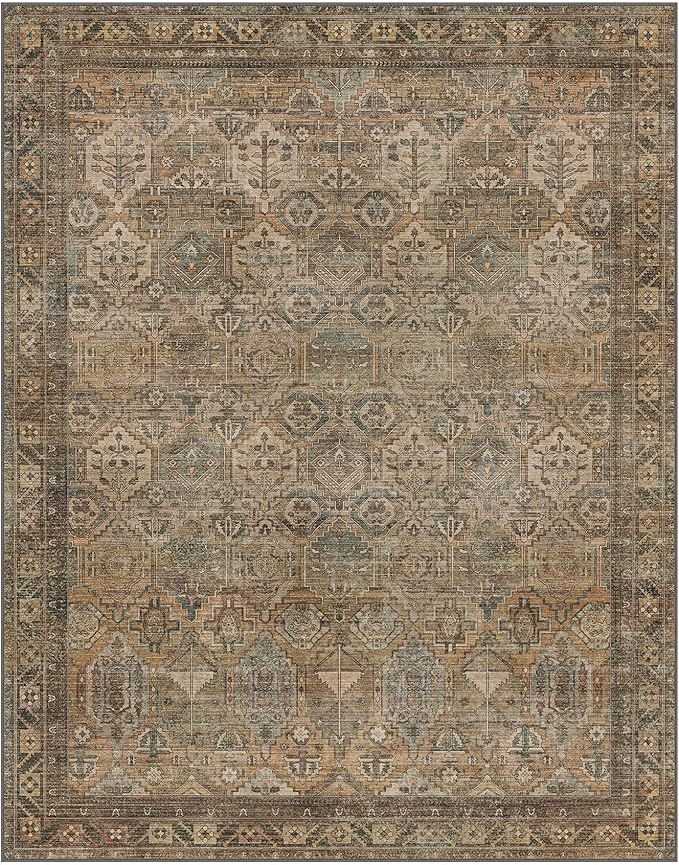 GENIMO 6x9 Area Rugs for Living Room, Machine Washable Non Slip Vintage Rugs, Low Pile Lightweight Chenille Print Rug for Bedroom, Dining Room, Home Office, Warm Taupe