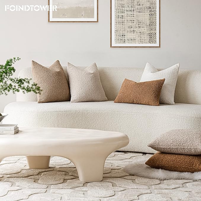 Foindtower Pack of 2 Textured Boucle Throw Pillow Covers Accent Solid Lumbar Pillow Cases Cozy Soft Decorative Couch Cushion Case for Chair Sofa Bedroom Living Room Home Decor, 12 x 20 Inch,Tobacco