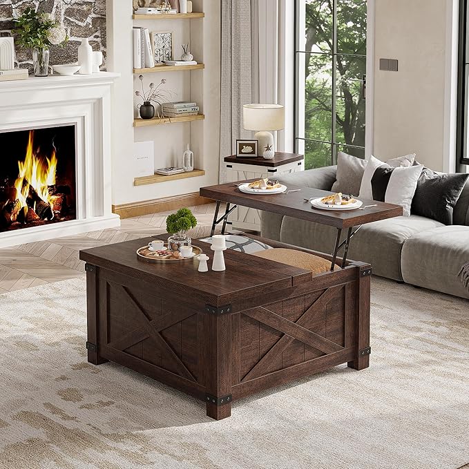 EnHomee Lift Top Coffee Table with Storage, 35.7" W Square Coffee Tables for Living Room, Small Coffee Table with Large Hidden Space, for Living Room, Bedroom, Home Office, Brown